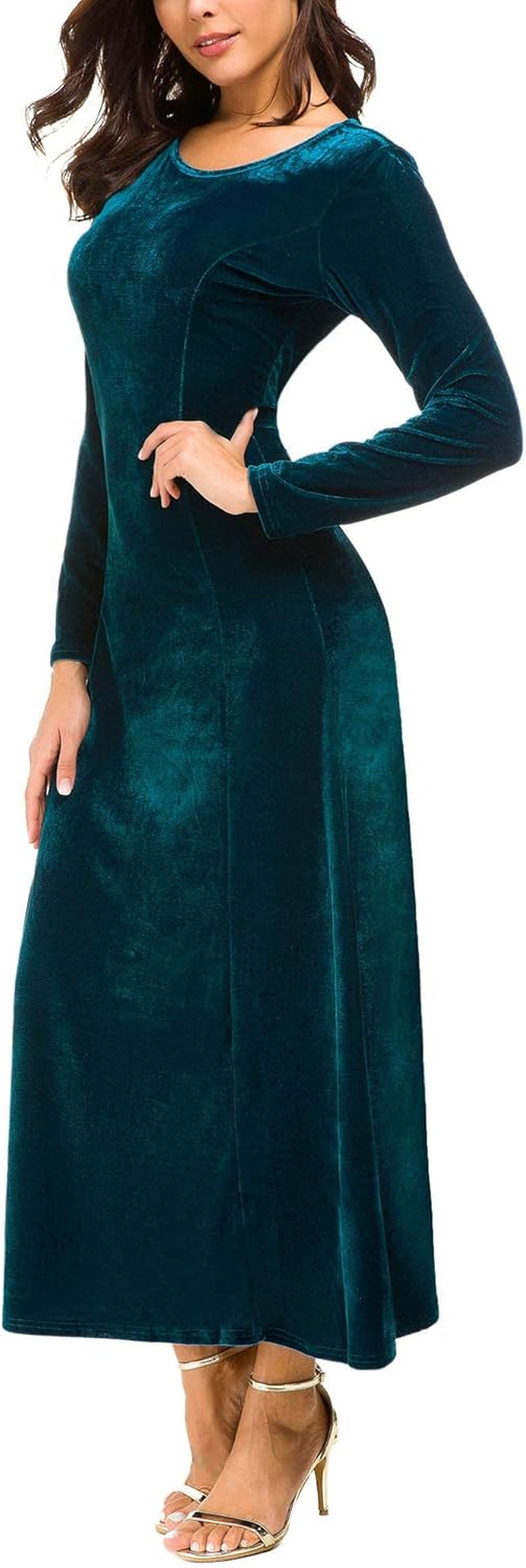 Women'S Elegant Long Sleeve Ruched Velvet Stretchy Long Dress