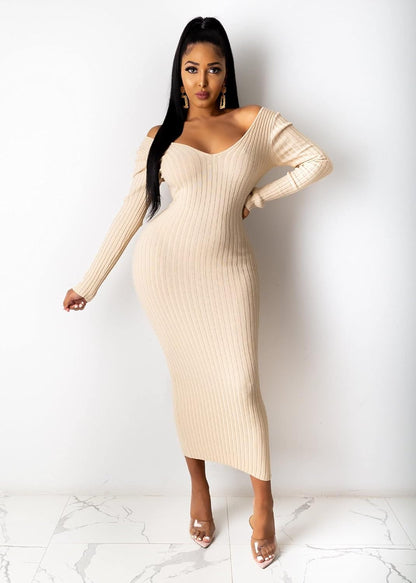 Women'S Long Sleeve Ribbed Knit Casual Bodycon Mini Dress Fall Pullover Sweater Dresses Beige