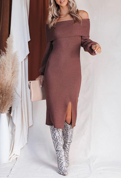 Women'S Long Sweater Dress off Shoulder Balloon Sleeve Knitted Dress S Brown