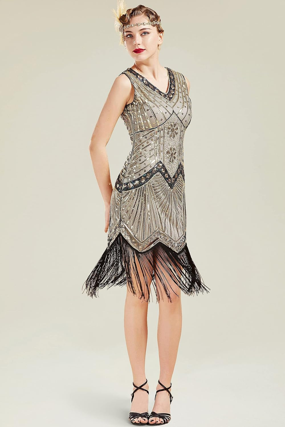 Women'S Flapper Dresses 1920S V Neck Beaded Fringed Great Gatsby Dress