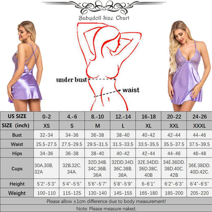 Women Lingerie V Neck Nightwear Satin Sleepwear Lace Chemise Mini Teddy