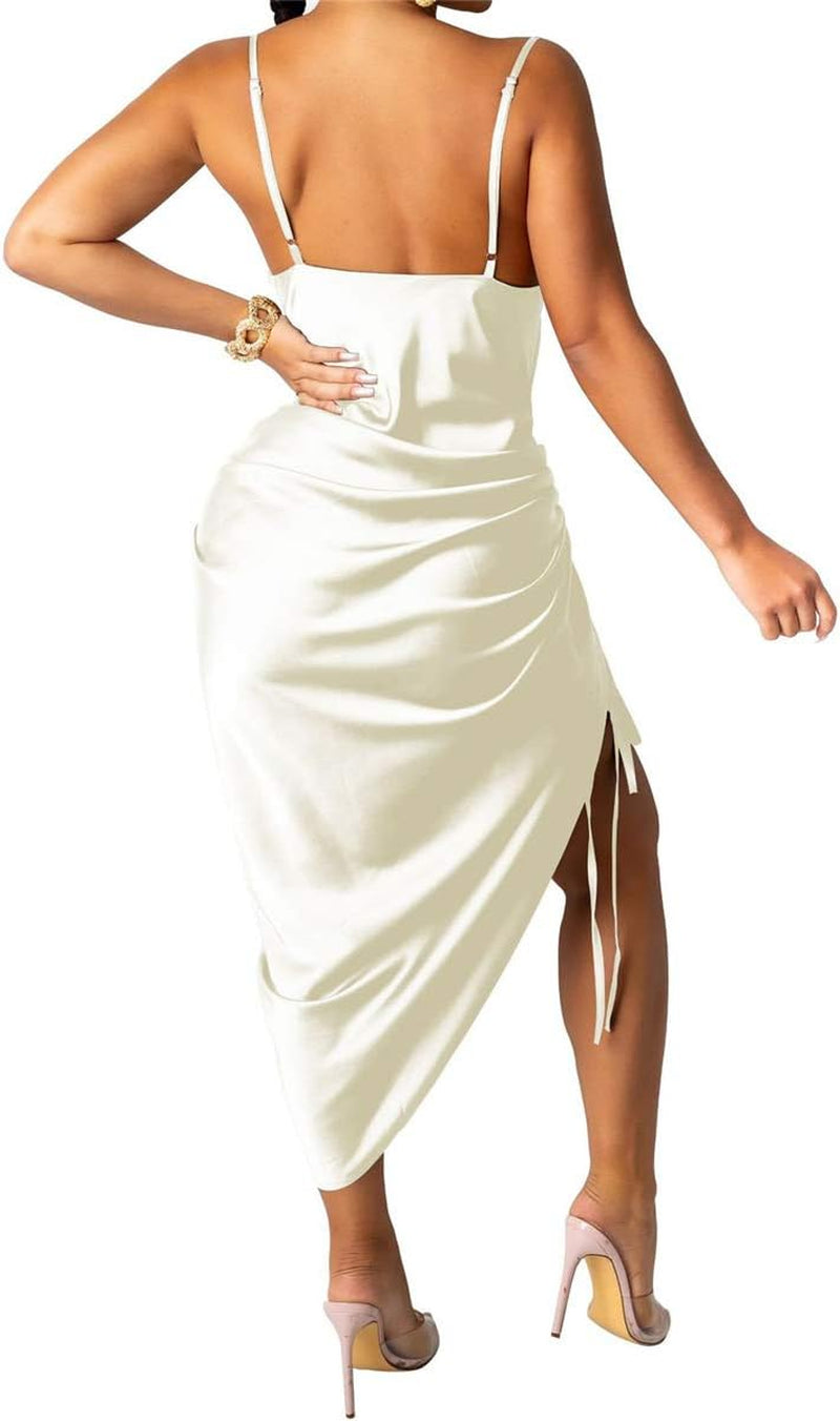 Women'S Sexy Satin Spaghetti Straps Ruched Dress Adjustable Cocktail Party Midi Dresses Clubwear White