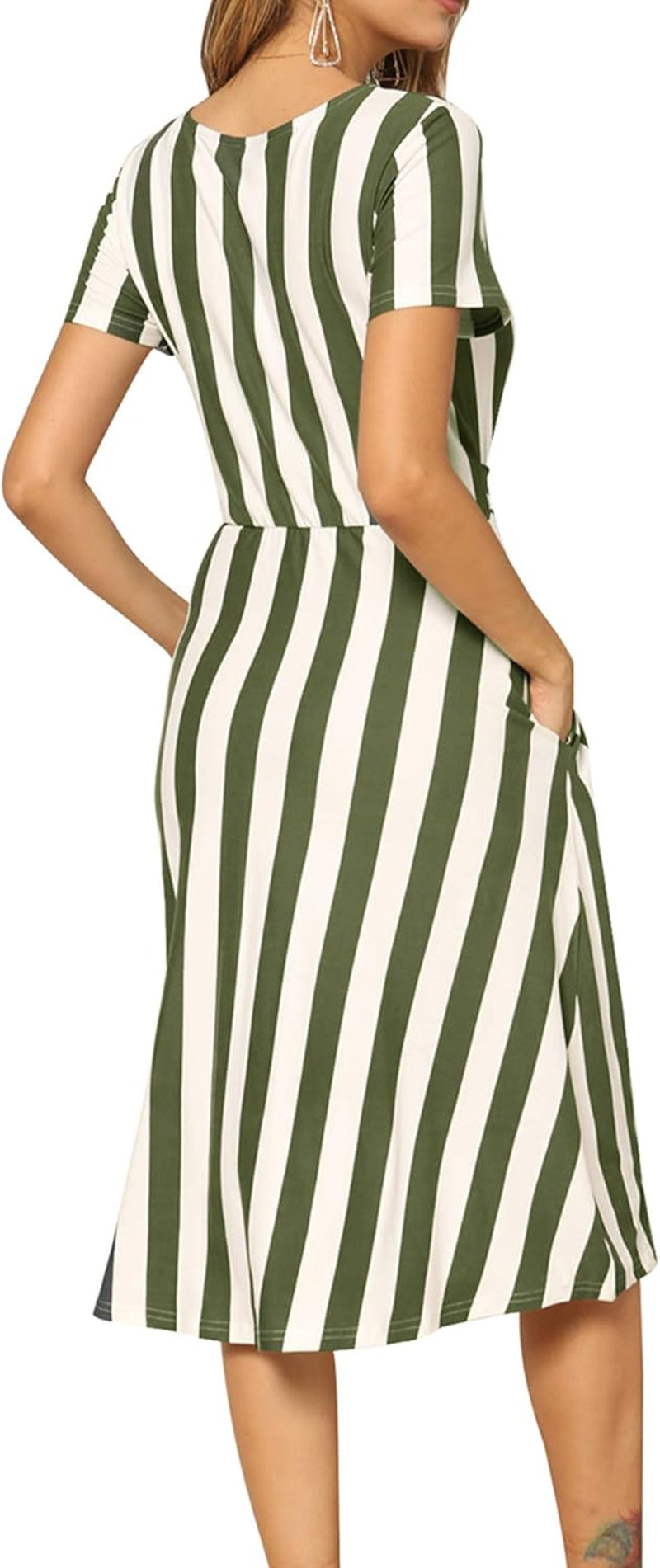 Women'S Short Sleeve Striped Casual Flowy Midi Belt Dress with Pockets