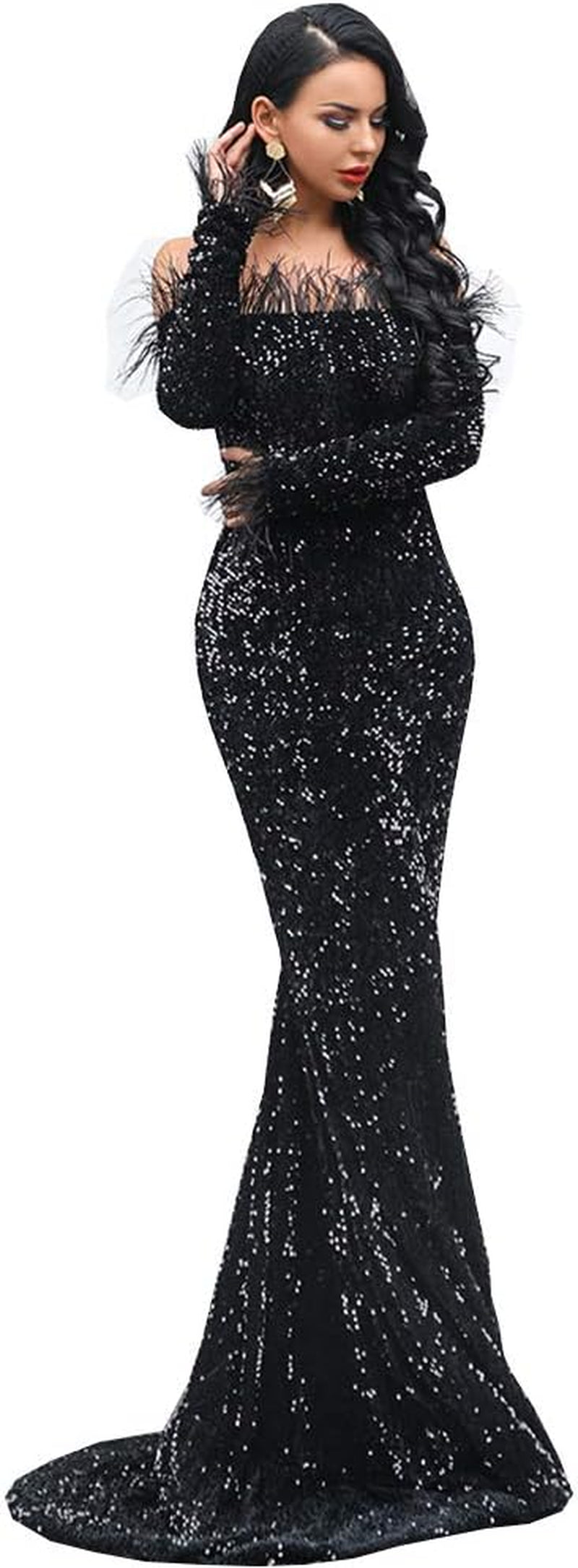 Sexy off Shoulder Feather Longsleeve Sequin Floor Length Evening Party Maxi Reflective Dress Vestidos