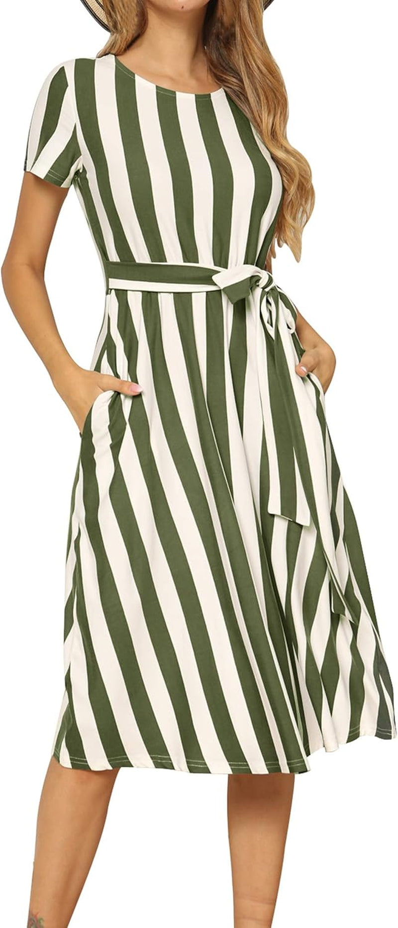 Women'S Short Sleeve Striped Casual Flowy Midi Belt Dress with Pockets