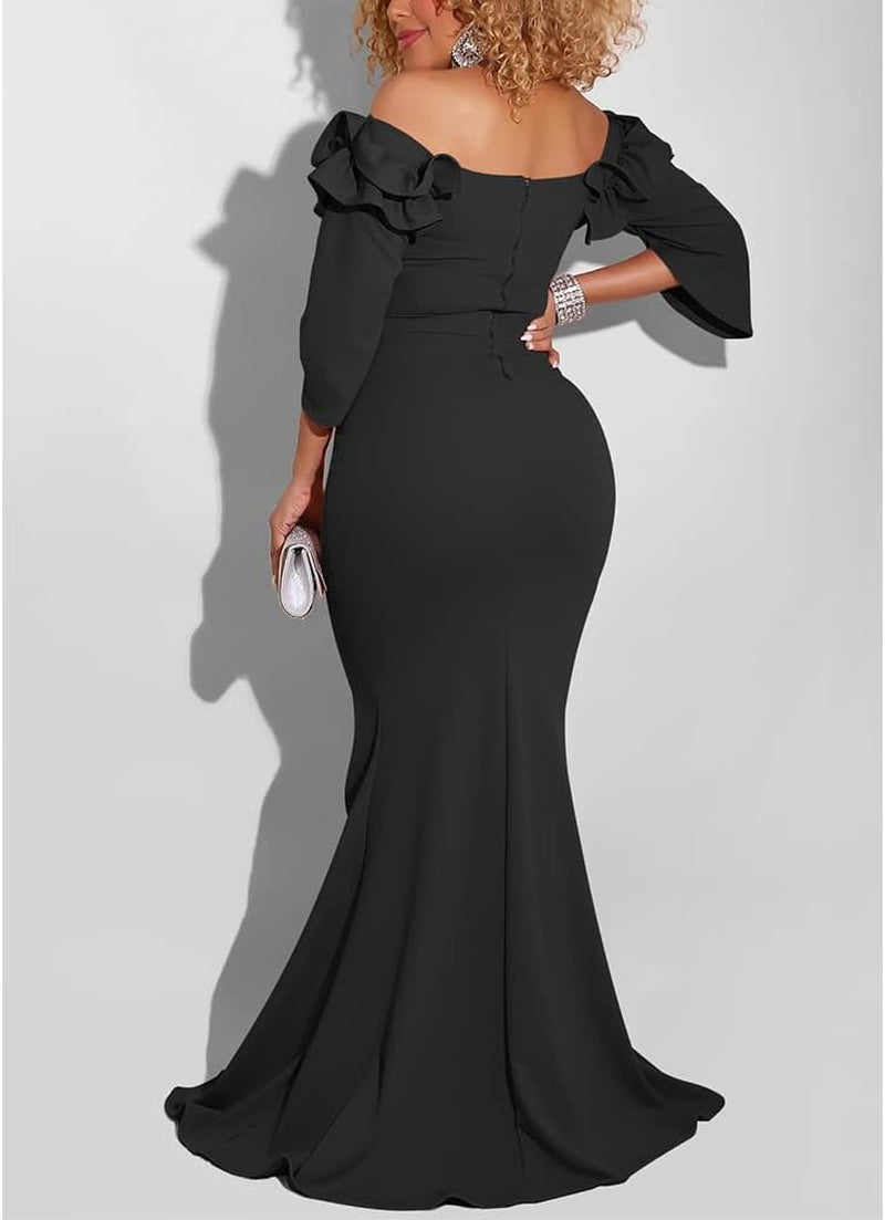 Women'S Sexy Long Sleeve Ruched Dress Velvet V Neck Cocktail Party Evening Club Maxi Dress Black