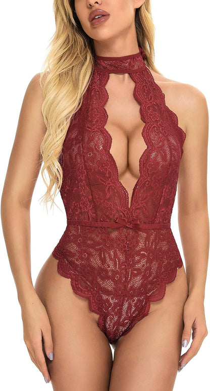 Women Sexy Lingerie Set Lace Teddy Babydoll Bodysuit Chemise Nightwear Wine Red Large=Us(12-14)