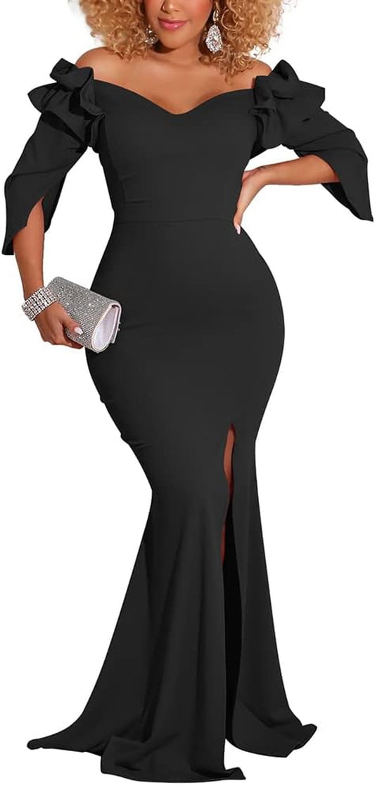 Women'S Sexy Long Sleeve Ruched Dress Velvet V Neck Cocktail Party Evening Club Maxi Dress Black